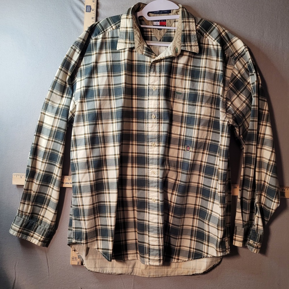 Tommy Hilfiger Mens XL Plaid Button Down Shirt Green Tan Cotton Long Sleeve